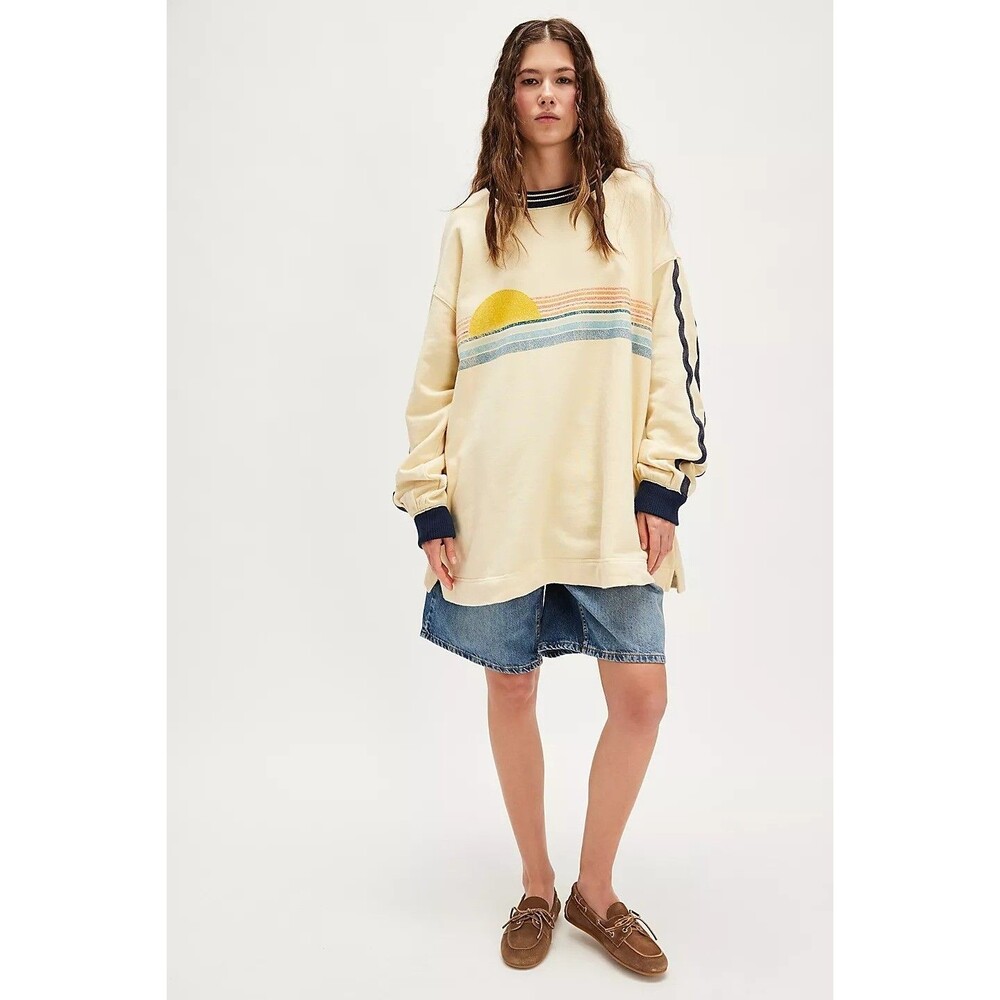 Free People Boardwalk Sweatshirt Top Graphic Printed Oversized Cotton XS 280877